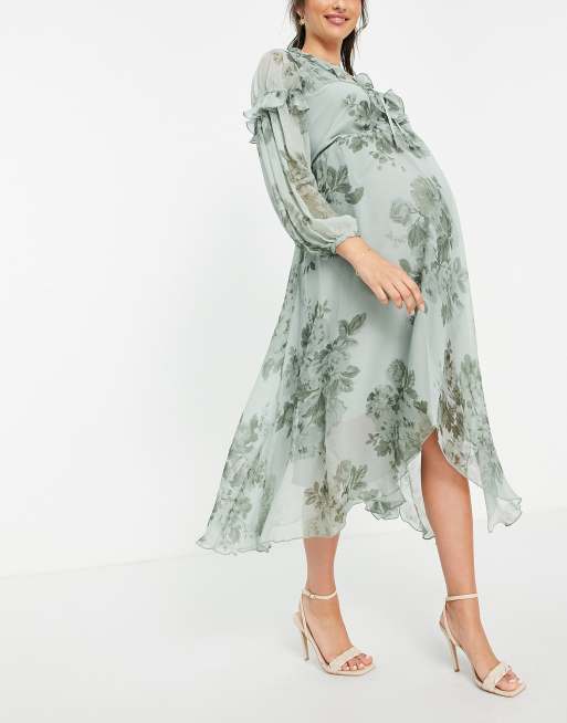 ASOS DESIGN Maternity ruffle detail plunge midi dress with tie detail in  green floral print