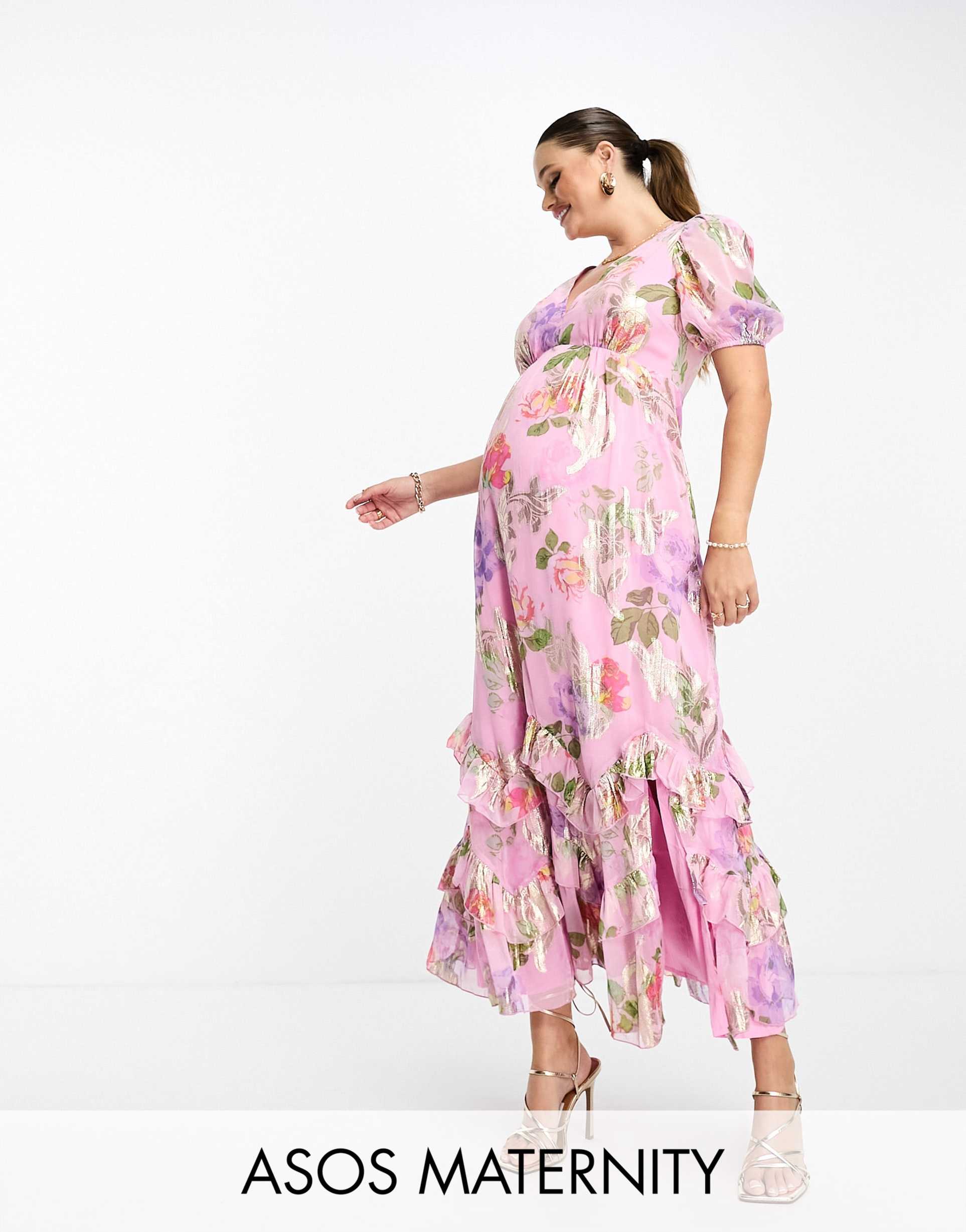 asos design maternity ruffle frill hem maxi dress in pink lurex rose print