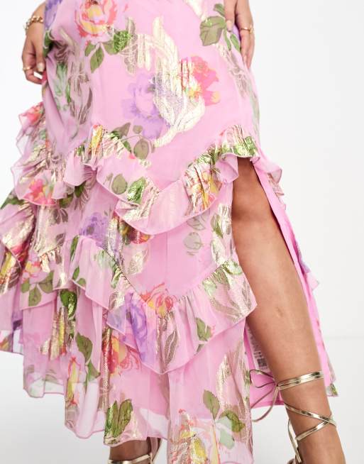 ASOS DESIGN Maternity ruffle frill hem maxi dress in pink lurex rose print