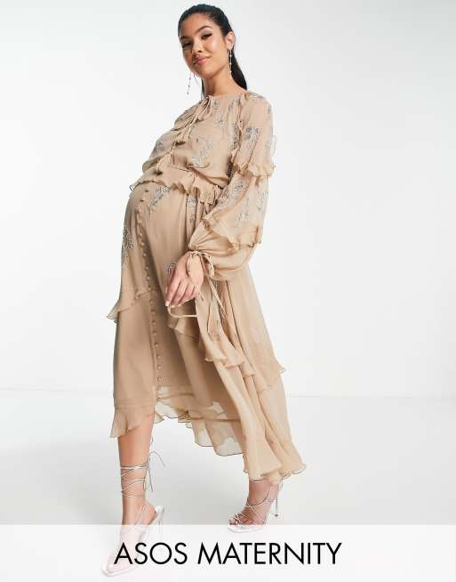 ASOS DESIGN Maternity ruffle midi dress with floral embellishment and tie  details in beige