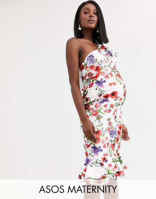 Asos Design Maternity Ruffle One Shoulder Midi Dress With Grosgrain Straps In Floral Print Asos 