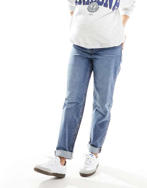 ASOS DESIGN Maternity - Ruimvallende mom jeans met hoge taille in middenblauw, 3 van 5