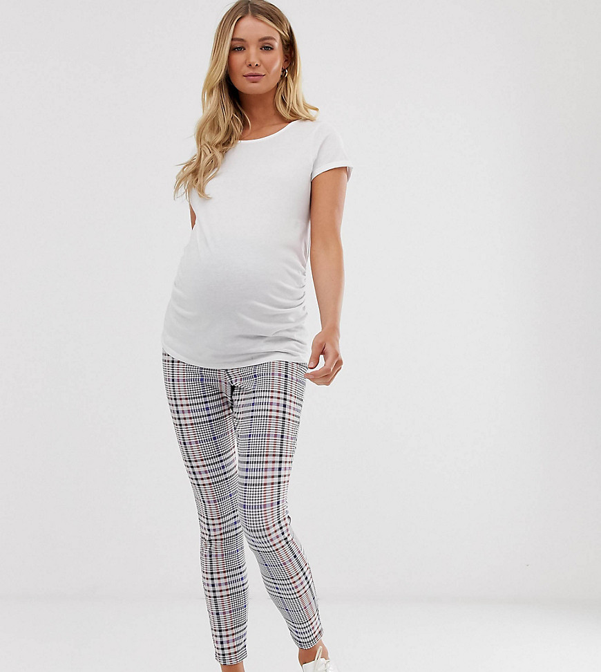 ASOS DESIGN Maternity – Rutiga leggings i jacquard med extra smal passform och band över magen-Flerfärgad