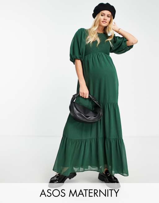 ASOS DESIGN Maternity - Rynket og lagdelt maxikjole i skovgrøn