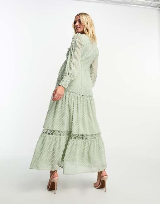ASOS DESIGN Maternity – Salviagrön maxiklänning med spetsinfällningar i tufsig dobbyväv, 2 av 4