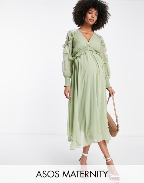 ASOS DESIGN Maternity – Salviagrön midiklänning med broderi och spetskanter - view 1