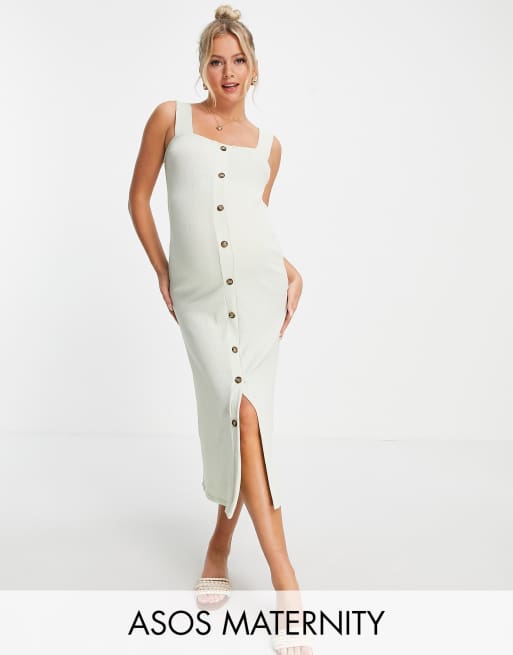 ASOS DESIGN Maternity – Salviagrön midiklänning med textur och hornknappar