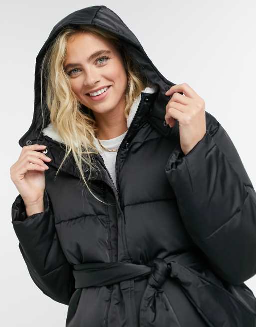 ASOS DESIGN Maternity sateen belted puffer jacket with borg collar in black