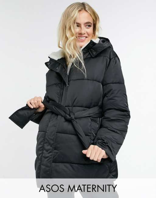 ASOS DESIGN Maternity sateen belted puffer jacket with sherpa collar in black