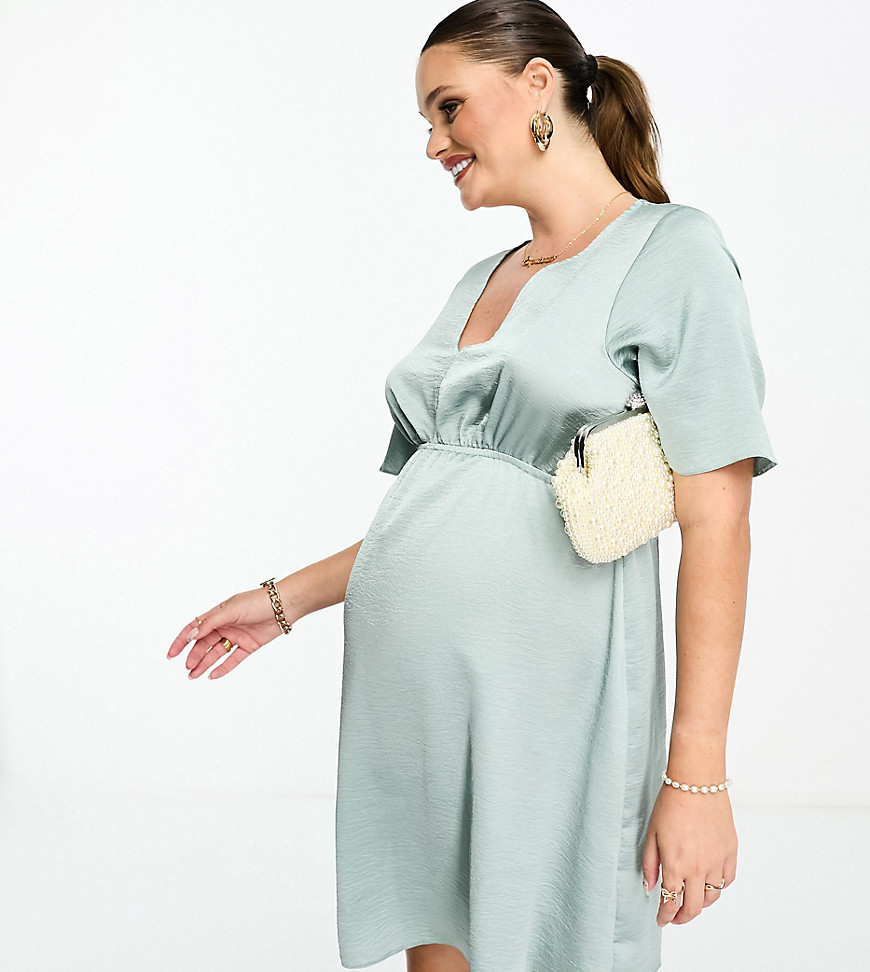 ASOS DESIGN Maternity satin angel sleeve mini tea dress in duck egg-Blue