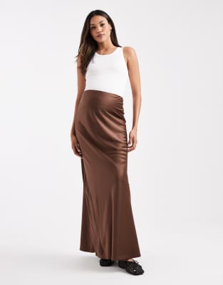 ASOS DESIGN Maternity satin bias cut maxi skirt-Brown