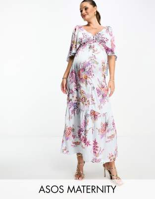 ASOS DESIGN Maternity satin flutter sleeve v-neck maxi dress with tier hem in paisley print-Multi