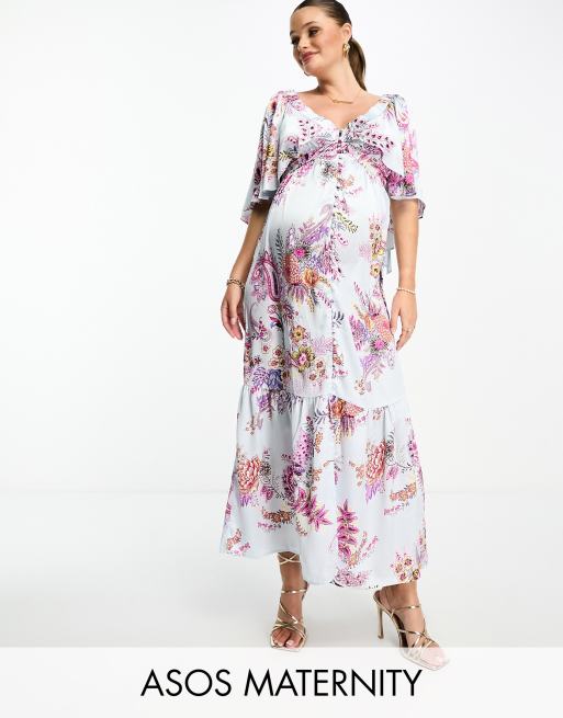 ASOS DESIGN Maternity satin flutter sleeve v-neck maxi dress with tier hem  in paisley print