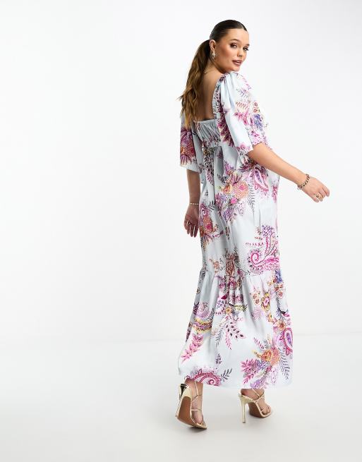 ASOS DESIGN Maternity satin flutter sleeve v-neck maxi dress with tier hem  in paisley print