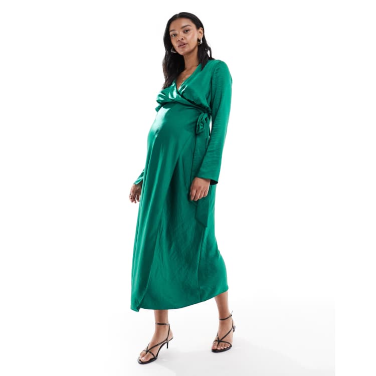 ASOS Design Maternity satin long sleeve wrap detail midaxi dress in emerald green