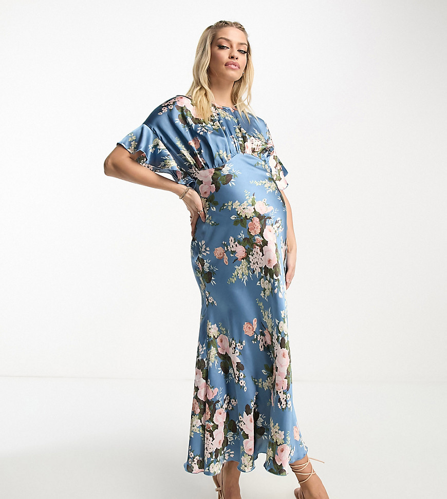 Asos Maternity Asos Design Maternity Satin Midi Dress With Blouson Bodice In Vintage Floral Print-multi