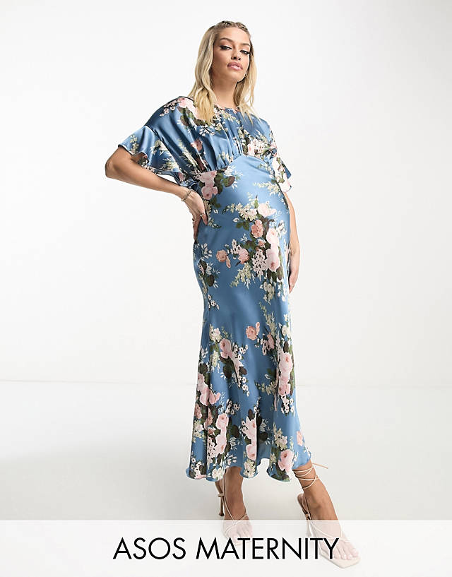 ASOS Maternity - ASOS DESIGN Maternity satin midi dress with blouson bodice in vintage floral print