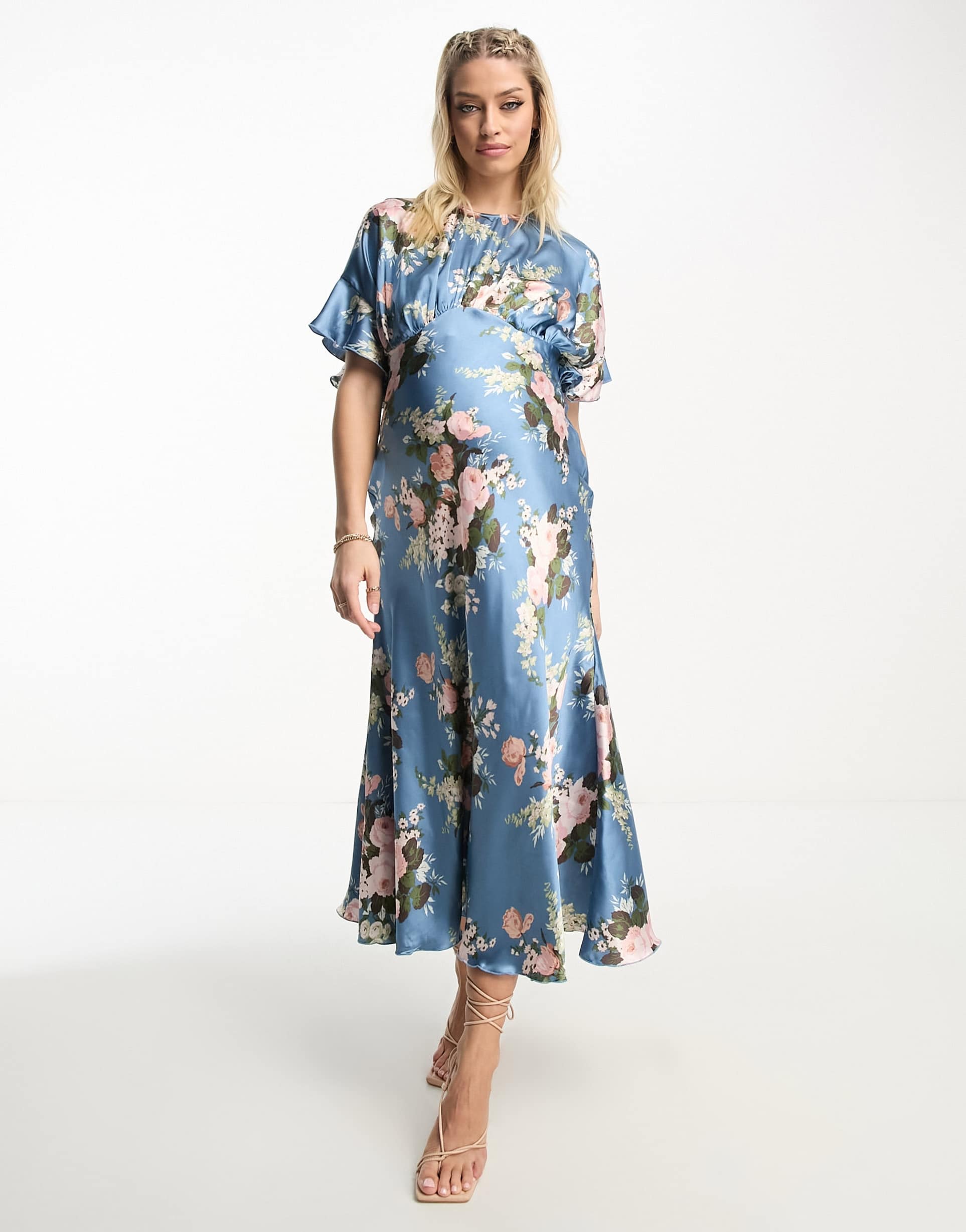 ASOS DESIGN Maternity satin midi dress with blouson bodice in vintage floral print view 4