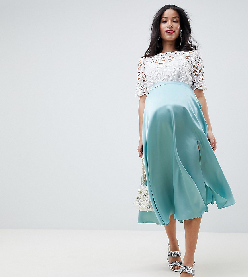Asos Maternity - Asos design maternity satin midi skirt with side split-green