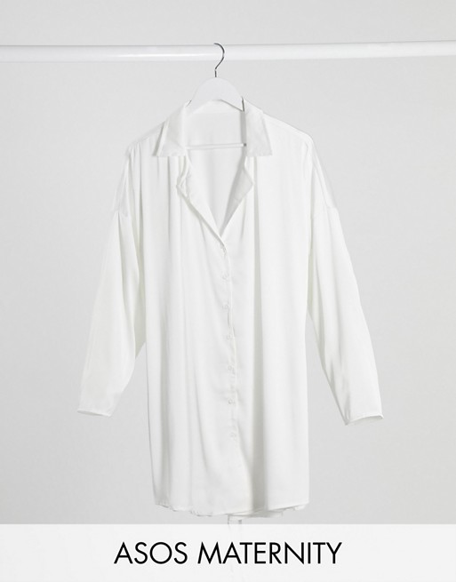 ASOS DESIGN Maternity satin oversized sleep shirt in white