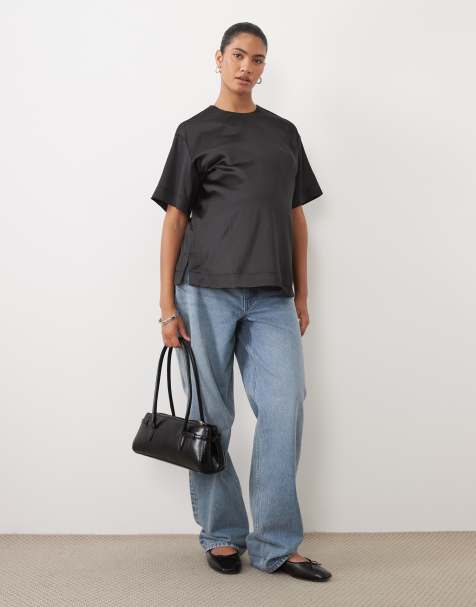 ASOS DESIGN Maternity satin short sleeve top in black - view 1