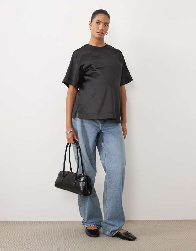 ASOS DESIGN Maternity satin short sleeve top in black