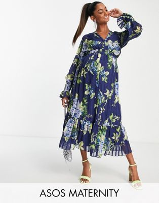 ASOS DESIGN Maternity satin stripe midi dress with blouson sleeve and button detail in navy floral print