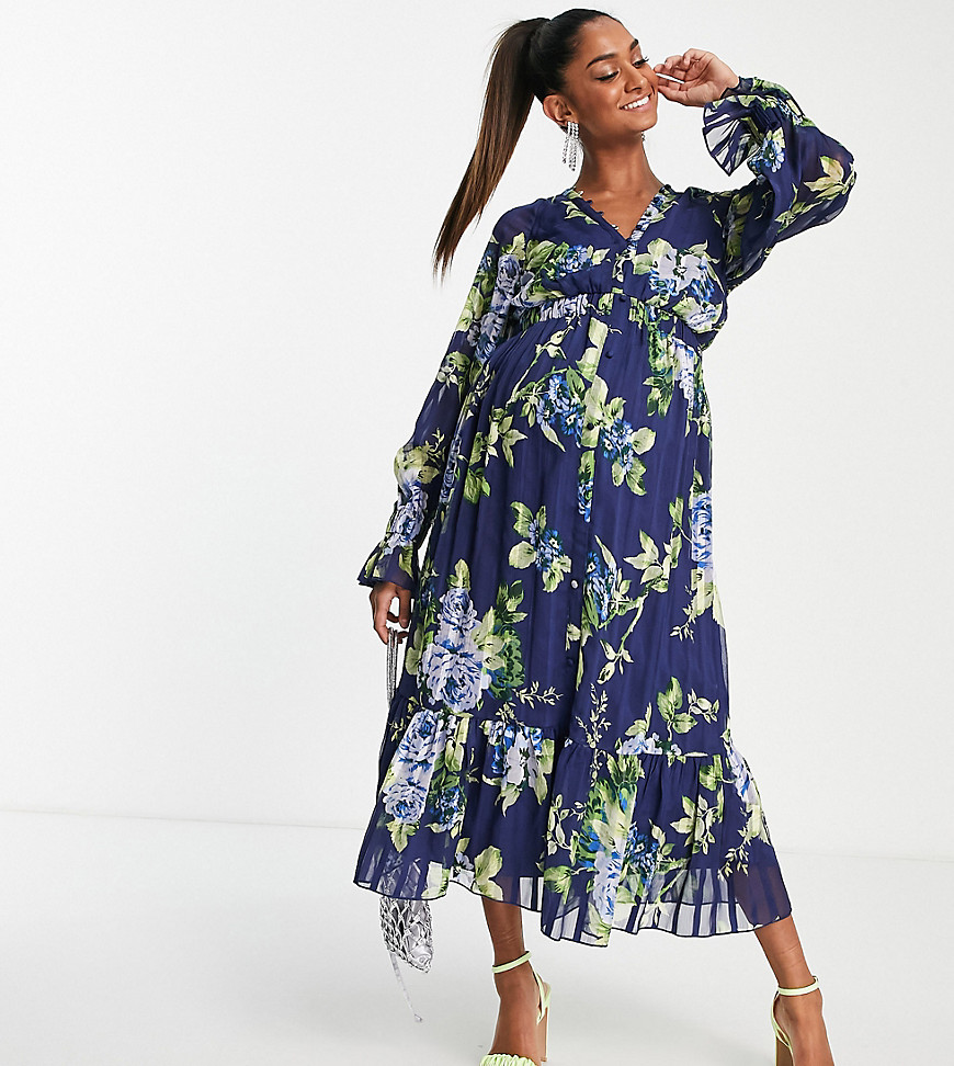 Asos Maternity Asos Design Maternity Satin Stripe Midi Dress With Blouson Sleeve And Button Detail In Navy Floral P In Multi