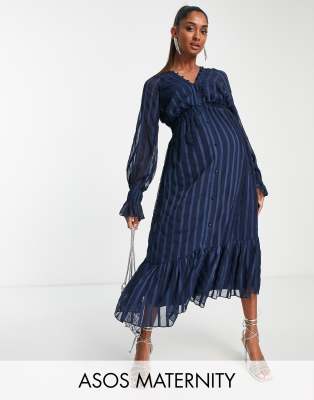 Asos Maternity Asos Design Maternity Satin Stripe Midi Dress With Blouson Sleeve And Button Detail In Navy