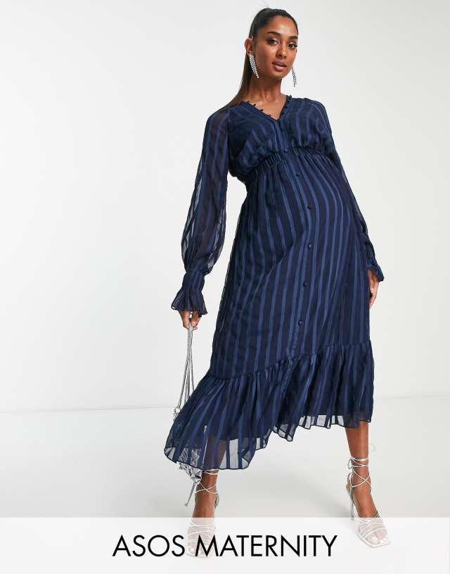 ASOS Maternity - ASOS DESIGN Maternity satin stripe midi dress with blouson sleeve and button detail in navy