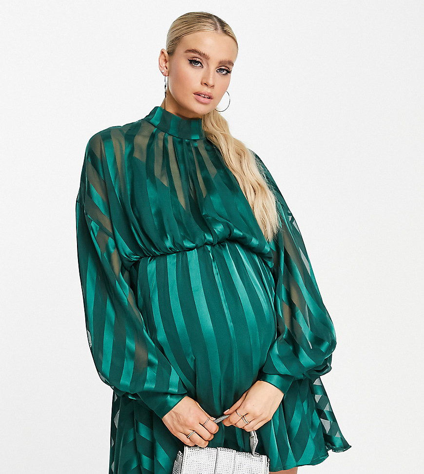 Asos Maternity Asos Design Maternity Satin Stripe Wrap Neck Mini Dress With Blouson Sleeves In Green