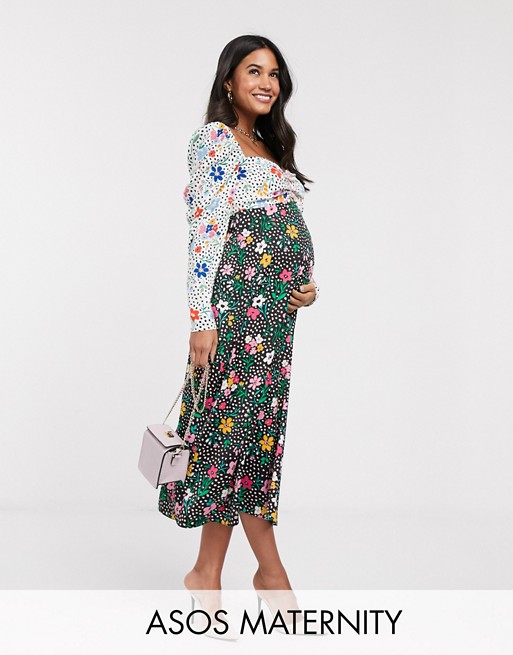 ASOS DESIGN Maternity satin sweetheart neck maxi dress in mixed floral print