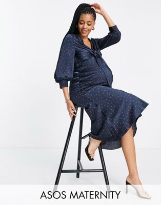 ASOS DESIGN Maternity satin tie front midi dress with button detail in micro spot
