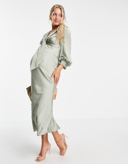 ASOS DESIGN Maternity satin tie front midi dress with button detail | ASOS
