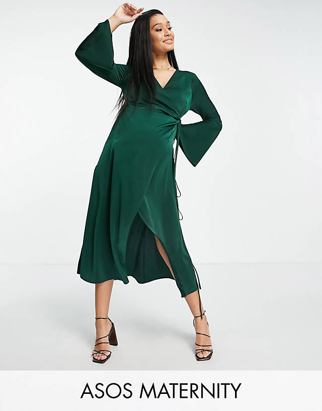 ASOS Maternity - ASOS DESIGN Maternity satin wrap midi dress with flared cuff and tie detail in forest green