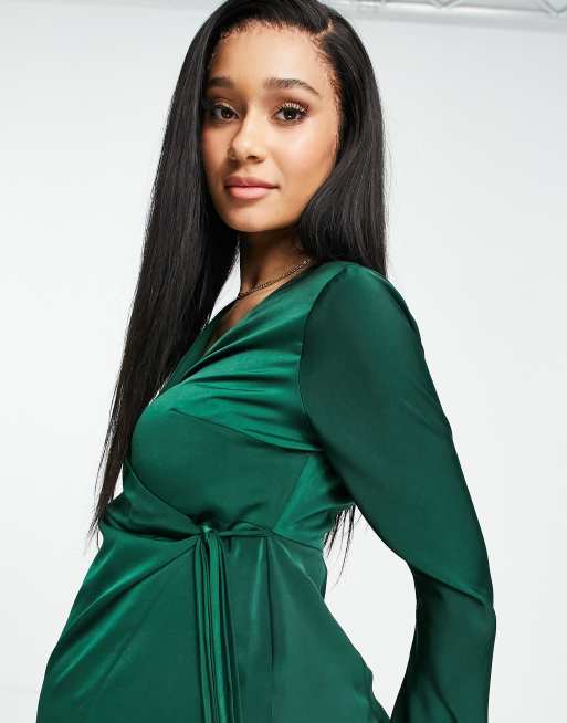 ASOS DESIGN Maternity satin wrap midi dress with flared cuff and tie detail  in forest green