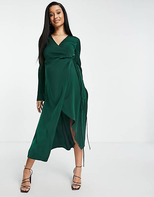 Women Maternity satin wrap midi dress with flared cuff and tie detail in forest green 
