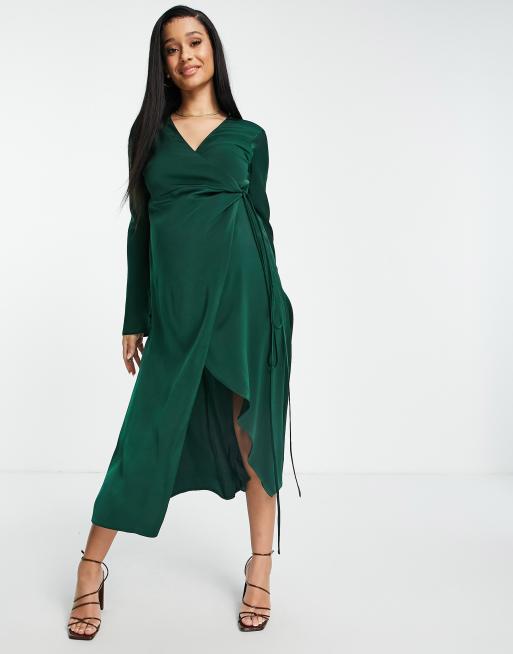 ASOS DESIGN Maternity satin wrap midi dress with flared cuff and tie detail in forest green