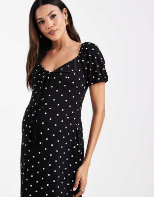 Asos Maternity Asos Design Maternity Scalloped Collar Puff Sleeve Seam Detail Midi Tea Dress In Black