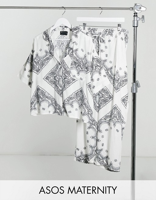 ASOS DESIGN Maternity scarf print short sleeve shirt & trouser pyjama set in white
