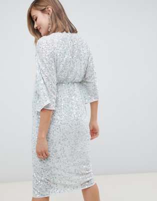 asos design curve scatter sequin knot front kimono midi dress