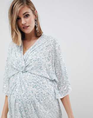 asos design scatter sequin knot front kimono midi dress