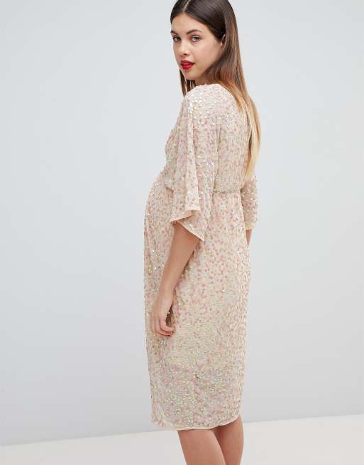 ASOS DESIGN MATERNITY scatter sequin knot front kimono midi dress