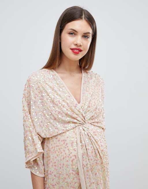 Asos design curve scatter sequin knot front kimono midi dress sale