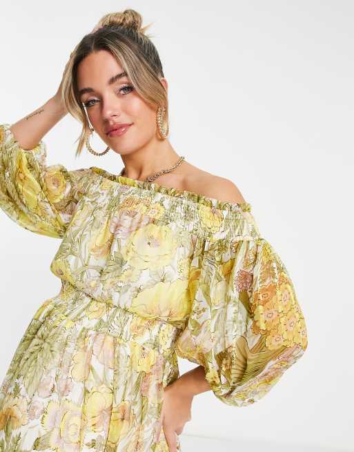 ASOS DESIGN Maternity – Schulterfreies Maxikleid mit Blousonärmeln und eingewebtem Streifenmuster und Wiesenblumenmuster, 2 von 4