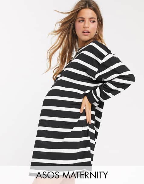 ASOS DESIGN Maternity – Schwarz-weiß gestreiftes T-Shirt-Kleid im Oversize-Stil