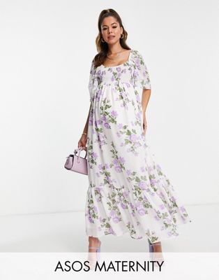 ASOS DESIGN Maternity scoop neck maxi dress with raw edge in white base purple floral print