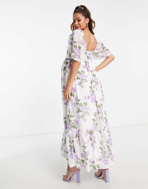 ASOS DESIGN Maternity scoop neck maxi dress with raw edge in white base  purple floral print