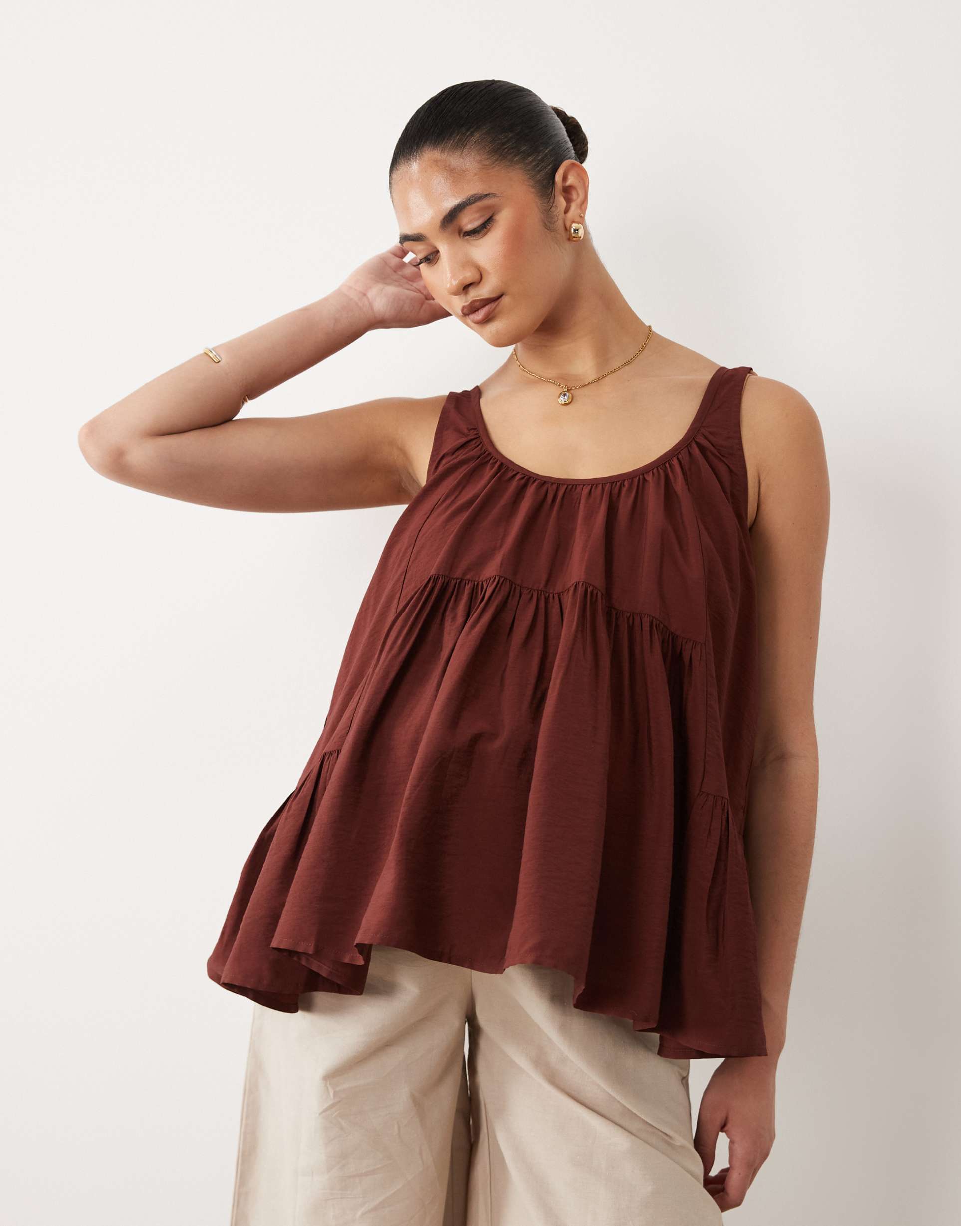 asos design maternity scoop neck peplum cami top in brown