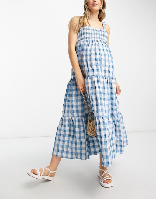 Maxi Dress Asos Checked Dress ASOS DESIGN Maternity Scoop Neck Shirred Maxi  Sundress In Blue Gingham